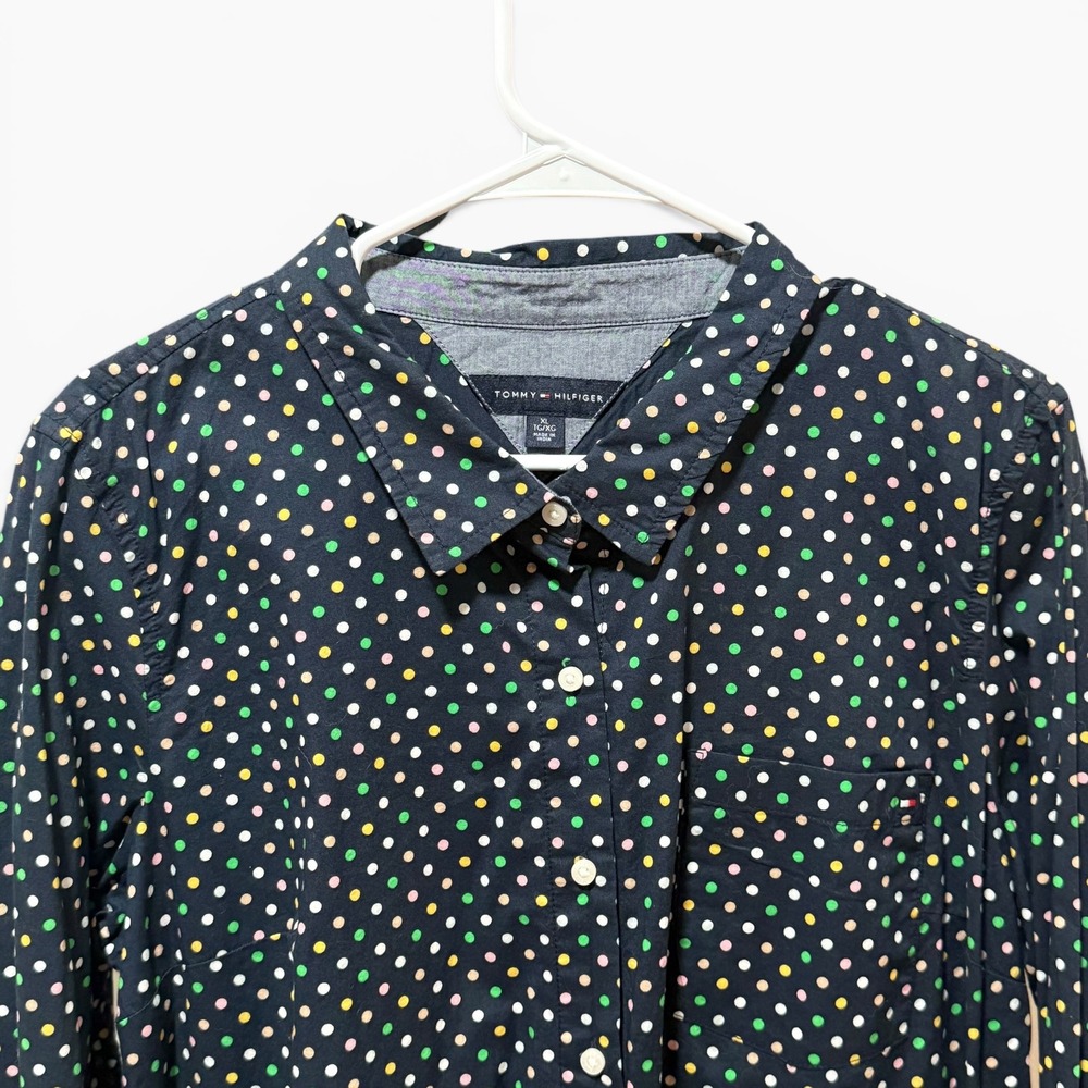 Tommy Hilfiger Button Down Womens XL Navy Multi Polka Dot Excellent Long Sleeve - Picture 3 of 5